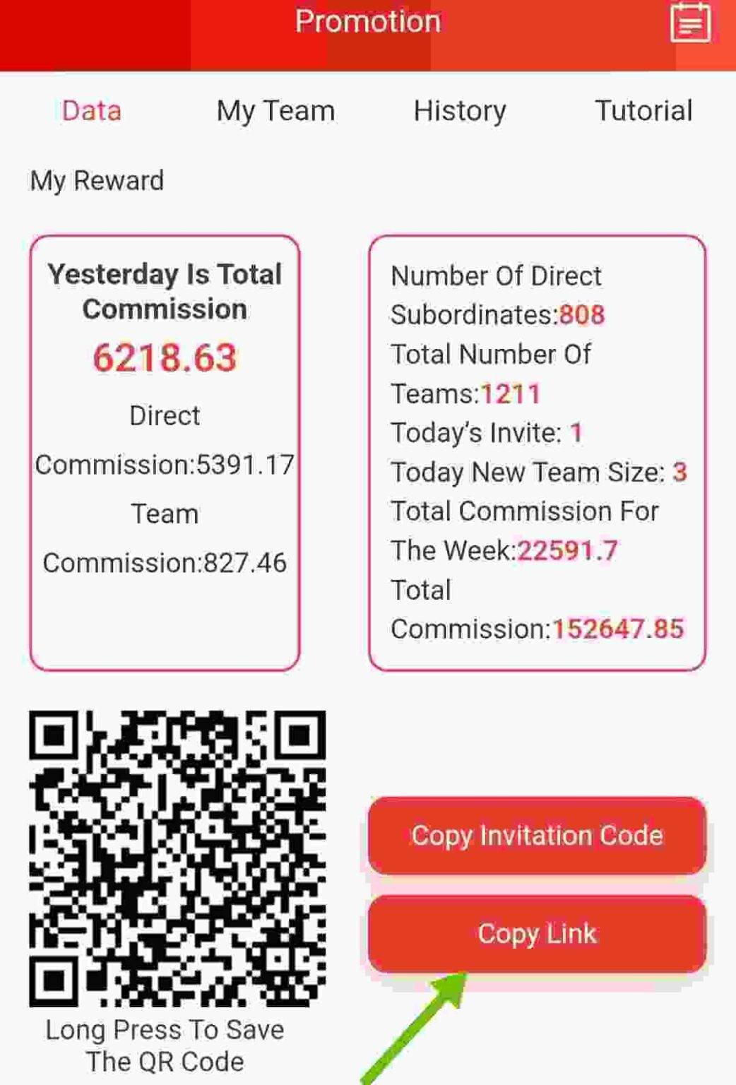 Archived referral rewards and team dashboard screenshot